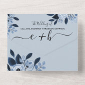 ネイビーブルーウォーターカラーフローラフォトウェディングRSVPすべて オールインワン招待状 (裏面)