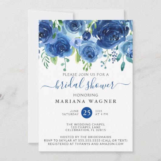 ネイビーブルーウォーターカラーフローラブライダルシャワーインビタティ 招待状 (正面)