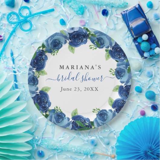 ネイビーブルーウォーターカラーフローラブライダルシャワー ペーパープレート (パーティー)