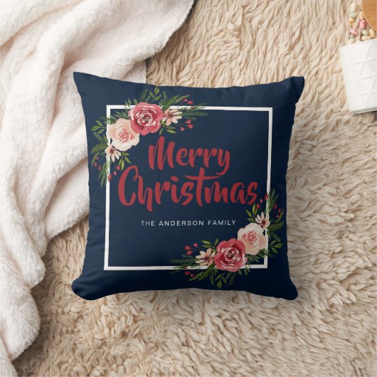 ネイビーブルーウォーターカラーフローラメリークリスマス クッション (ブランケット)