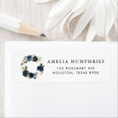 ネイビーブルーウォーターカラーフローラリース金ゴールドアドレス ラベル (インサイチュ)