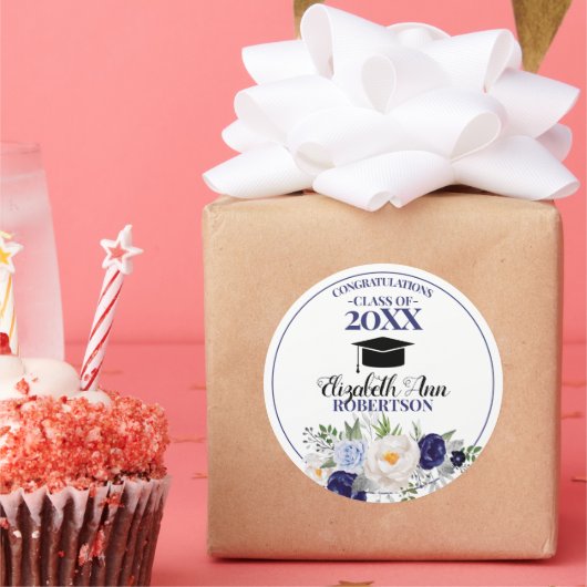 ネイビーブルーウォーターカラーフローラ卒業 ラウンドシール (パーティー)