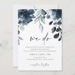 ネイビーブルーウォーターカラーフローラ庭園の結婚式インビタット 招待状