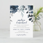 ネイビーブルーウォーターカラーフローラ結婚ブーケ 招待状 (スタンド正面)