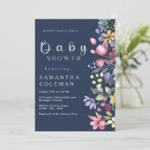 ネイビーブルーウォーターカラーボホワイルドフラワーベビーシャワー 招待状 (スタンド正面)