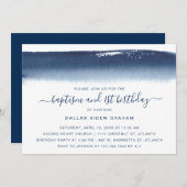 ネイビーブルーウォーターカラーボーイバプティスファースト誕生日 招待状 (正面/裏面)