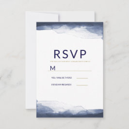 ネイビーブルーウォーターカラーモダンシック結婚式RSVP 出欠カード