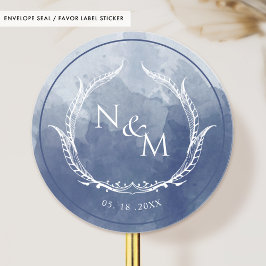 ネイビーブルーウォーターカラーモノグラム封筒用シール/お気に入り ラウンドシール