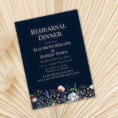 ネイビーブルーウォーターカラーワイルドフラワーリハーサルディナー 招待状