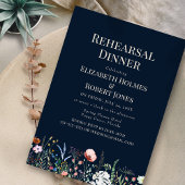 ネイビーブルーウォーターカラーワイルドフラワーリハーサルディナー 招待状