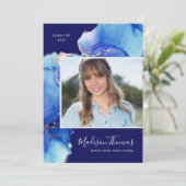 ネイビーブルーウォーターカラー写真卒業パーティー 招待状 (スタンド正面)