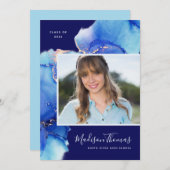 ネイビーブルーウォーターカラー写真卒業パーティー 招待状 (正面/裏面)