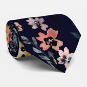 ネイビーブルーウォーターカラー植物花の模様 ネクタイ (ロール)