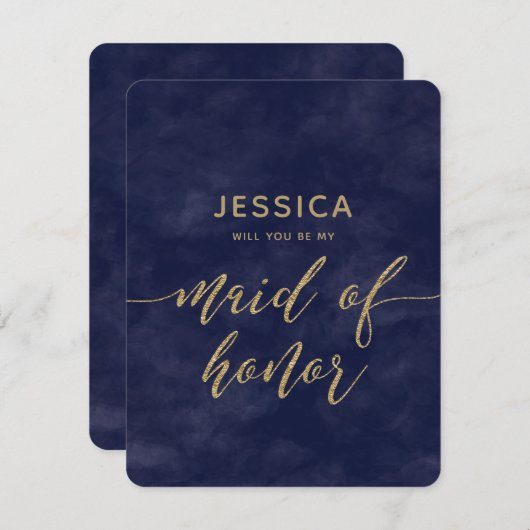 ネイビーブルーウォーターカラー私のメイド・オブ・オーナー（花嫁付き添い人） 招待状 (正面/裏面)