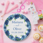 ネイビーブルーウォーターカラー結婚フローラ紙プレート ペーパープレート (パーティー)