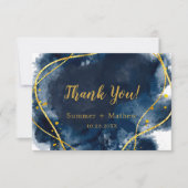 ネイビーブルーウォーターカラー結婚金ゴールドサンキューカード サンキューカード (正面)