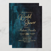 ネイビーブルーウォーターカラー金ゴールドブライダルシャワー招待 招待状 (正面/裏面)