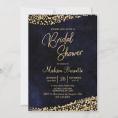 ネイビーブルーウォーターカラー金ゴールドブライダルシャワー招待 招待状 (正面)