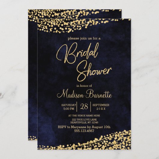 ネイビーブルーウォーターカラー金ゴールドブライダルシャワー招待 招待状 (正面/裏面)