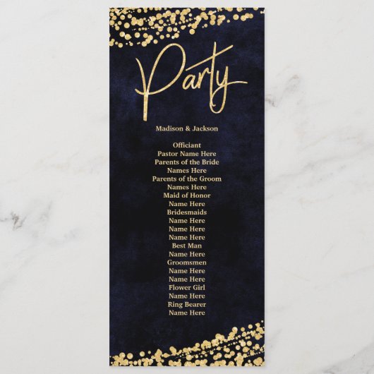 ネイビーブルーウォーターカラー金ゴールド紙吹雪結婚式 プログラム (裏面)