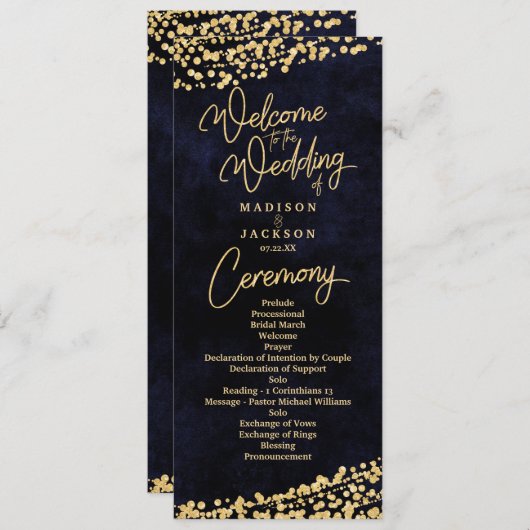 ネイビーブルーウォーターカラー金ゴールド紙吹雪結婚式 プログラム (正面/裏面)