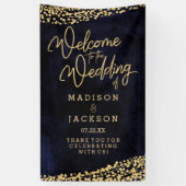 ネイビーブルーウォーターカラー金ゴールド結婚紙吹雪の歓迎 横断幕 (縦)