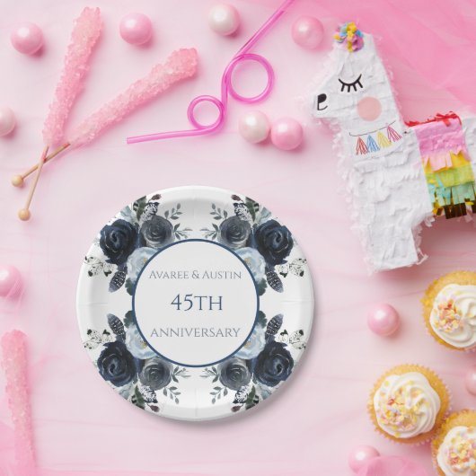 ネイビーブルーウォーターカラー45/65thサファイア記念日 ペーパープレート (パーティー)