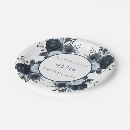ネイビーブルーウォーターカラー45/65thサファイア記念日 ペーパープレート (アングル)