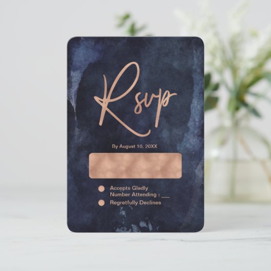 ネイビーブルーウォーターカラー&バラ金ゴールドウェディングRSVP 出欠カード (スタンド正面)