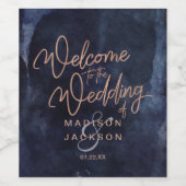 ネイビーブルーウォーターカラー&バラ金ゴールド結婚ズウェルカム ワインラベル (シングルラベル)