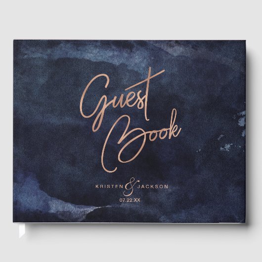 ネイビーブルーウォーターカラー&バラ金ゴールド結婚ズモノグラム ゲストブック (正面)