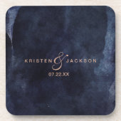 ネイビーブルーウォーターカラー&バラ金ゴールド結婚ズモノグラム コースター (正面)