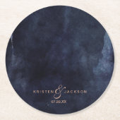 ネイビーブルーウォーターカラー&バラ金ゴールド結婚ズモノグラム ラウンドペーパーコースター (正面)