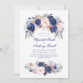 ネイビーブルーウォーターカラー – フローラエレガントな結婚式 招待状 (正面)