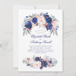 ネイビーブルーウォーターカラー – フローラエレガントな結婚式 招待状