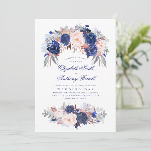 ネイビーブルーウォーターカラー – フローラエレガントな結婚式 招待状 (スタンド正面)