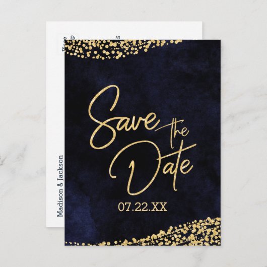 ネイビーブルーウォーターカラー&金ゴールドウェディング日付を保存 案内ポストカード (正面/裏面)