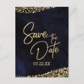 ネイビーブルーウォーターカラー&金ゴールドウェディング日付を保存 案内ポストカード (正面)