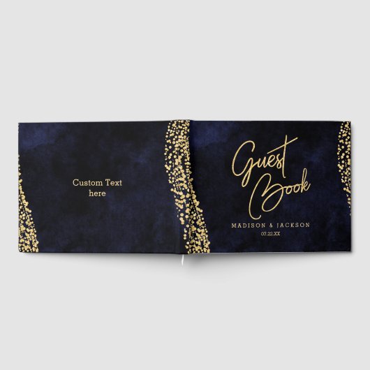 ネイビーブルーウォーターカラー&金ゴールドグラムズモノグラム ゲストブック (全面)