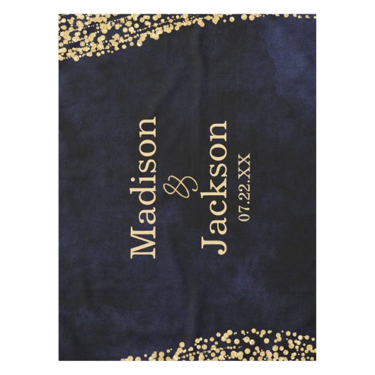 ネイビーブルーウォーターカラー&金ゴールドグラムズモノグラム テーブルクロス (正面)