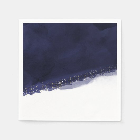 ネイビーブルーウォーターカラー&金ゴールドシモダンックエレガント スタンダードカクテルナプキン (正面)