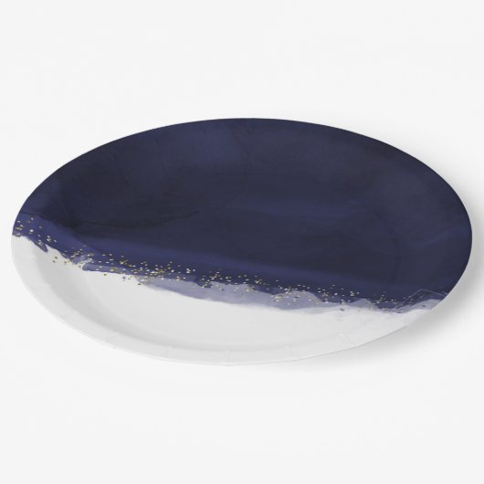 ネイビーブルーウォーターカラー&金ゴールドシモダンックエレガント ペーパープレート (アングル)