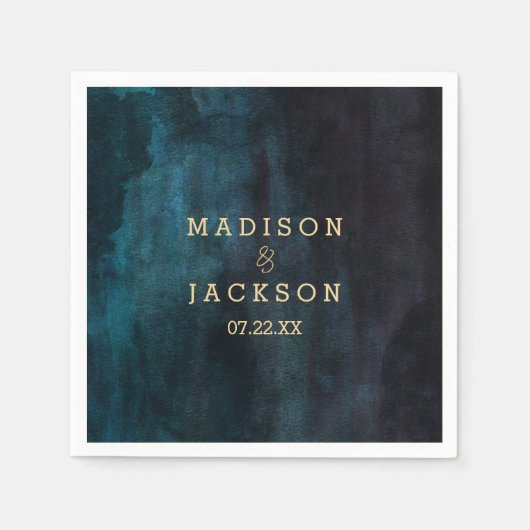 ネイビーブルーウォーターカラー&金ゴールドモノグラム結婚ズ スタンダードカクテルナプキン (正面)