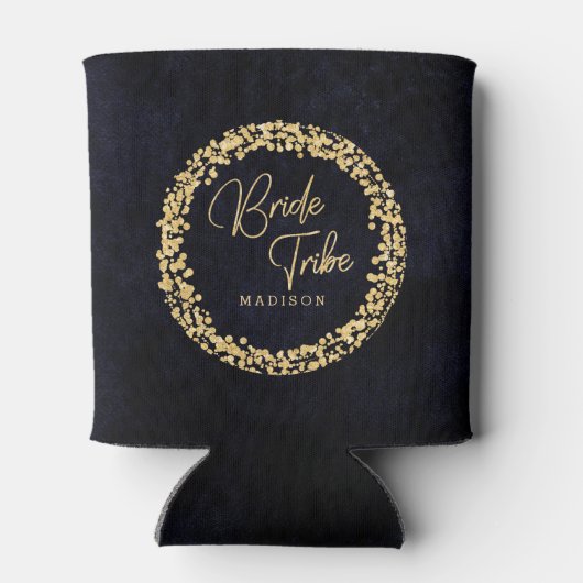 ネイビーブルーウォーターカラー&金ゴールド結婚ズブライド族 缶クーラー (裏面)