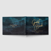 ネイビーブルーウォーターカラー&金ゴールド結婚ズモノグラム ゲストブック (全面)