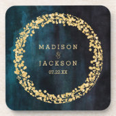 ネイビーブルーウォーターカラー&金ゴールド結婚ズモノグラム コースター (正面)