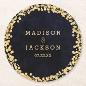 ネイビーブルーウォーターカラー&金ゴールド結婚ズモノグラム ラウンドペーパーコースター (正面)