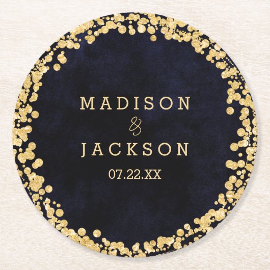 ネイビーブルーウォーターカラー&金ゴールド結婚ズモノグラム ラウンドペーパーコースター (正面)