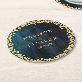 ネイビーブルーウォーターカラー&金ゴールド結婚ズモノグラム ラウンドペーパーコースター (アングル)