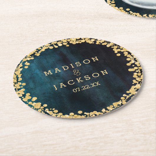 ネイビーブルーウォーターカラー&金ゴールド結婚ズモノグラム ラウンドペーパーコースター (アングル)